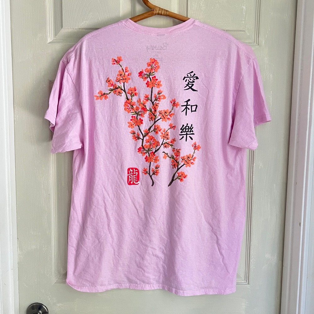 Bowery Supply Co Graphic Tee Womens XL Pink Cherry Blossom Japanese Kanji Shirt